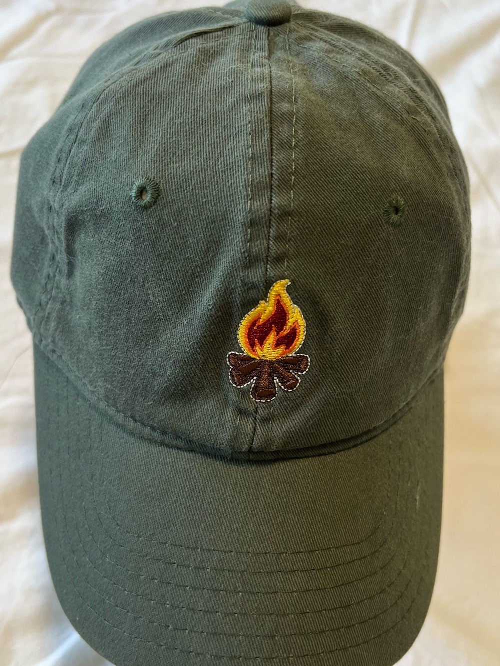 Olive Green Baseball Cap with Campfire Embroidery